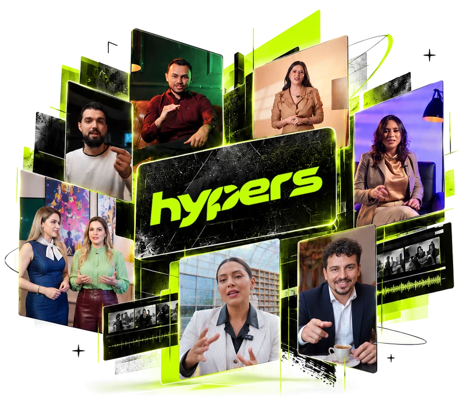 Colagem da Hypers Studio com projetos de vídeo e criadores de conteúdo.